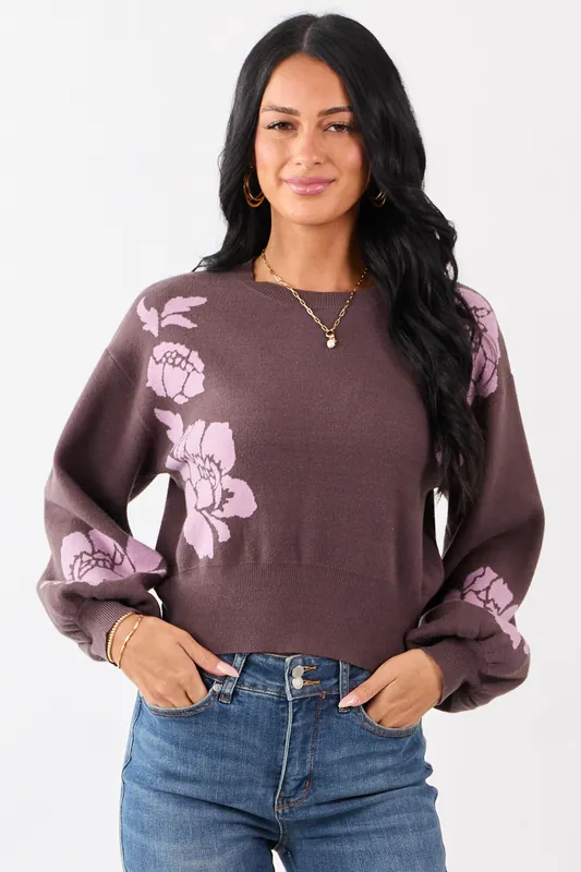 She+Sky Walnut Floral Print Crew Neck Sweater - She + Sky