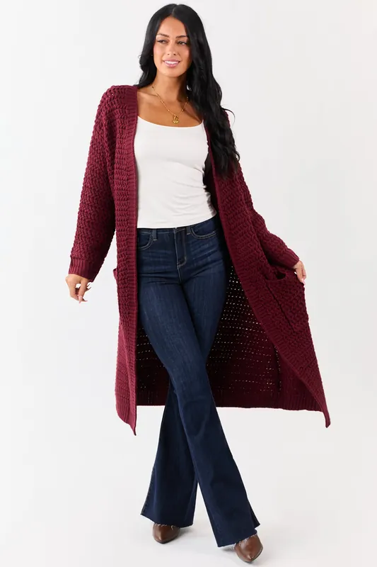 Lovelo Wine Waffle Knit Open Front Duster Cardigan - GeeGee