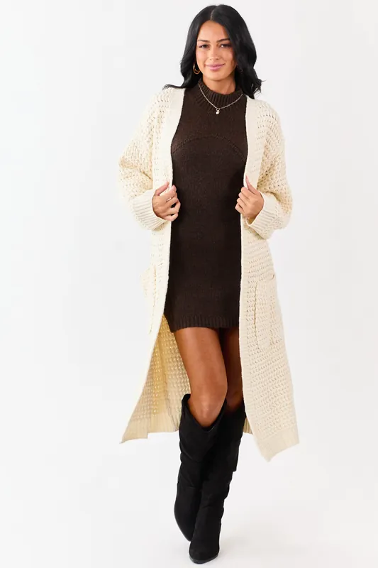 Lovelo Cream Waffle Knit Open Front Duster Cardigan - GeeGee
