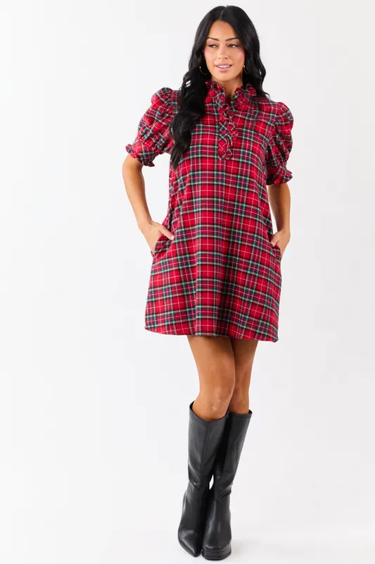 Entro Pomegranate Cotton Plaid Mini Shift Dress