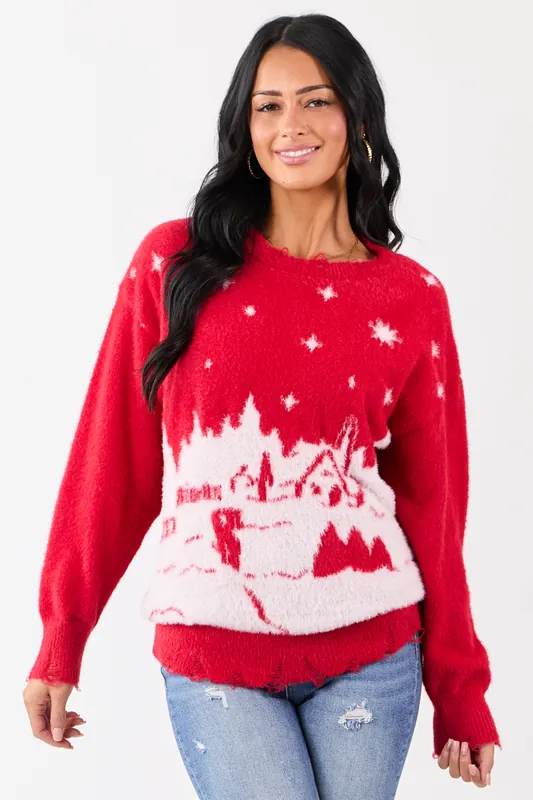 Lovelo Pomegranate Festive Snow Scenery Sweater - GeeGee