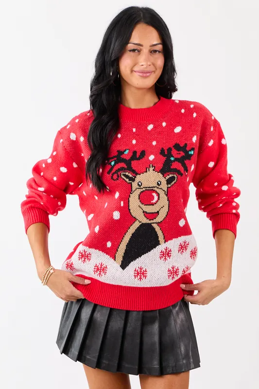 Lovelo Scarlet Reindeer Graphic Rib Knit Sweater - GeeGee