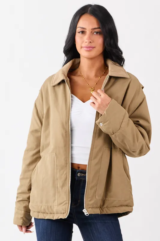 Peanut Corduroy Collar Zip Up Puffer Jacket - HYFVE