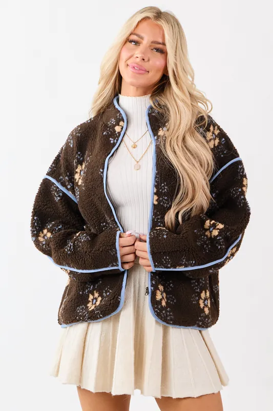Cocoa Floral Sherpa Contrast Trim Zip Up Jacket - Very J