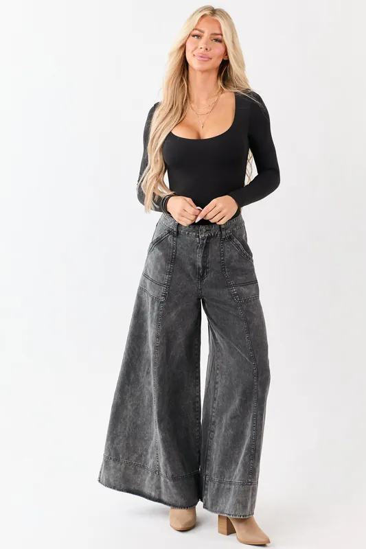 Charcoal Washed Palazzo Carpenter Denim Pants - Mustard Seed