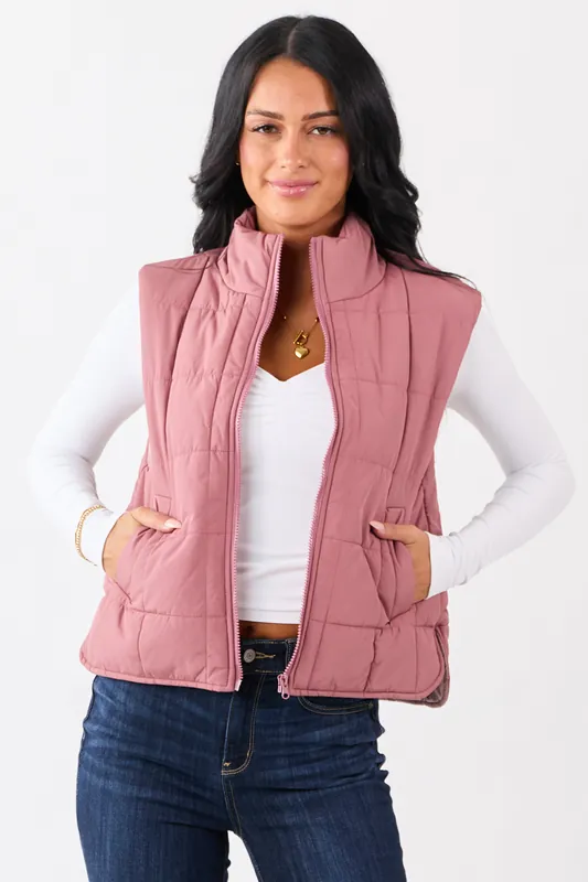 Dusty Rose Mock Neck Zip Up Puffer Vest - Very J