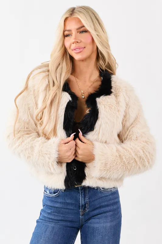 Champagne Faux Fur Contrast Trim Jacket - hyf