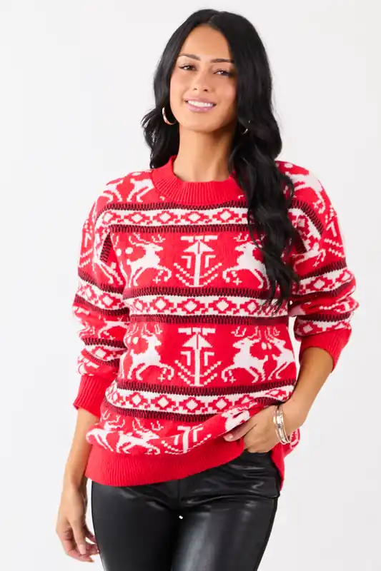 Lovelo Scarlet Holiday Fair Isle Knit Sweater - GeeGee