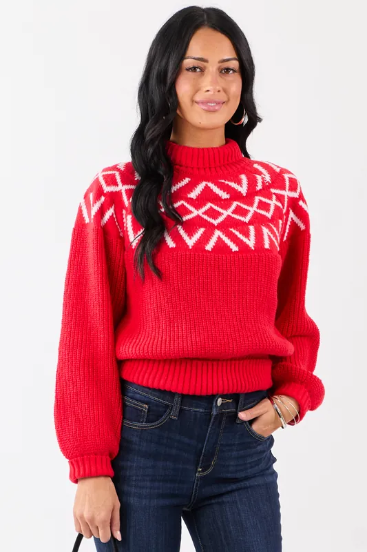 Lovelo Scarlet Geometric Pattern Mock Neck Sweater - GeeGee