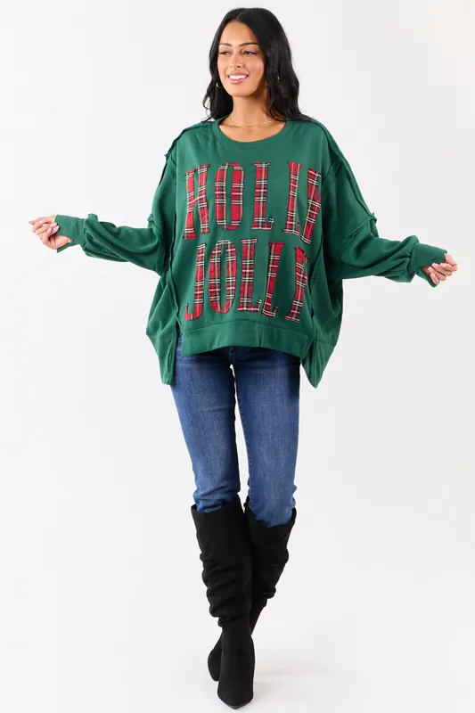 Hunter Green 'Holly Jolly' Plaid Lettering Fleece Top - BiBi