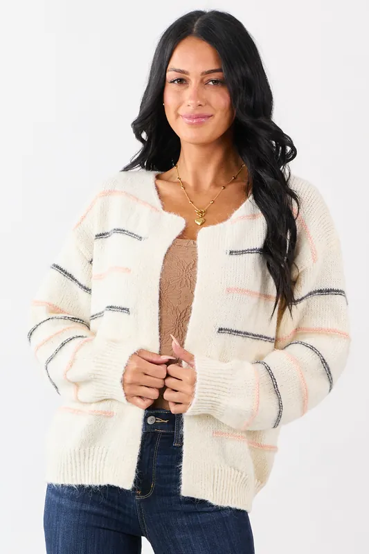 Ivory Striped Fuzzy Wool Blend Open Front Cardigan - BiBi