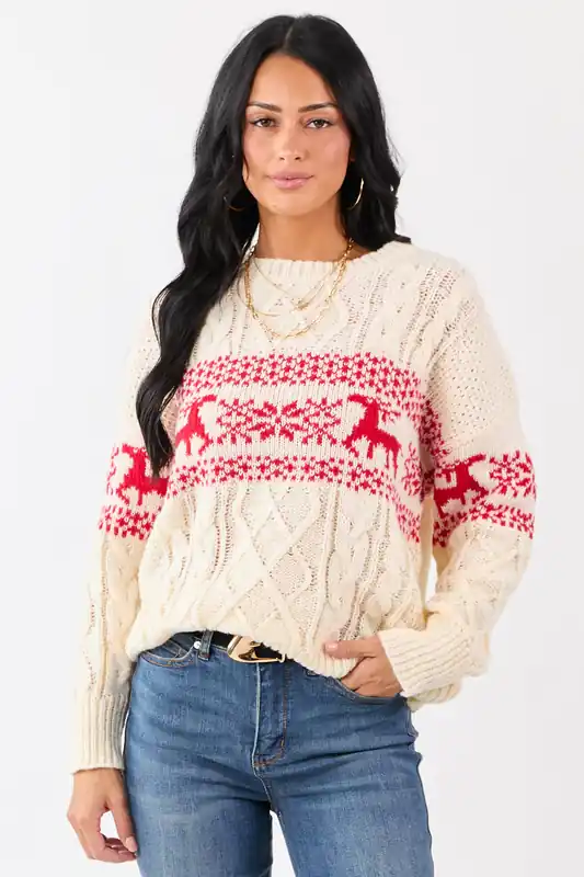Cream Fair Isle Holiday Pattern Cable Knit Sweater - BiBi