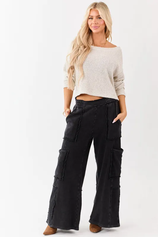 Black Mineral Wash Raw Seam Cargo Sweatpants - HYFVE