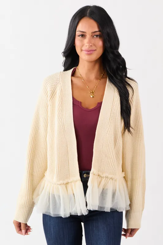 Cream Knit Open Front Tulle Ruffle Hem Cardigan - heyson