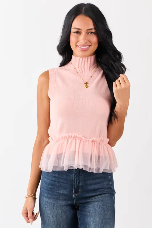 Coral Tulle Ruffle Hem Mock Neck Sweater Tank - Heyson