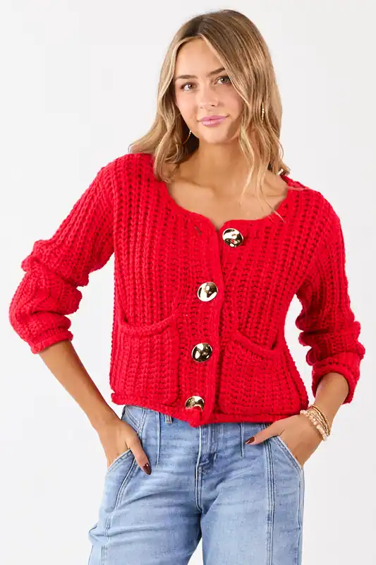 Lipstick Chunky Rib Knit Button Down Cardigan - Heyson