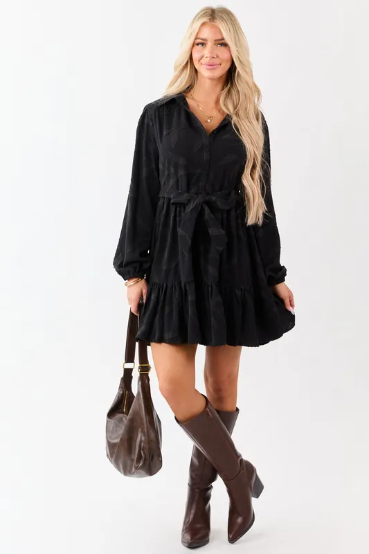 Black Textured Jacquard Leaf Collared Mini Dress - Umgee