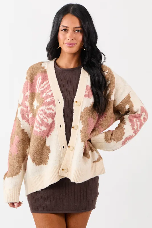 Champagne Floral Pattern Button Down Cardigan - Umgee