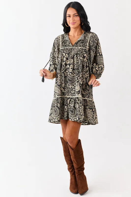 Black Paisley Print Puff Sleeve Smocked Mini Dress - Umgee