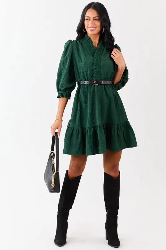 Hunter Green Surplice Neck 3/4 Bubble Sleeve Mini Dress - Umgee