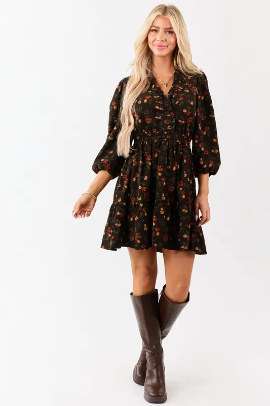 Cocoa Floral Print Ruffle Neckline Corduroy Mini Dress - Umgee
