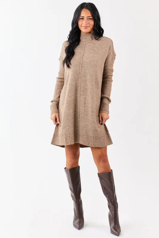 Heathered Coffee Mock Neck Mini Sweater Dress - Umgee