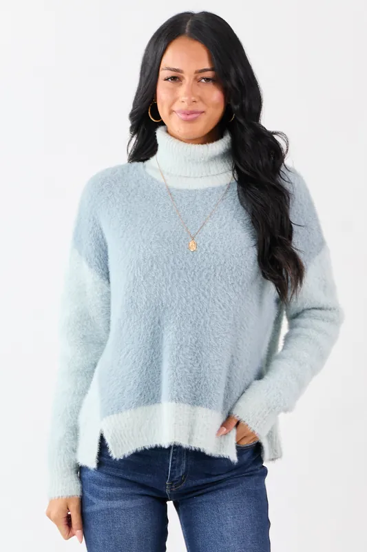 Slate Blue Fuzzy Turtleneck Colorblock Sweater - Mittoshop