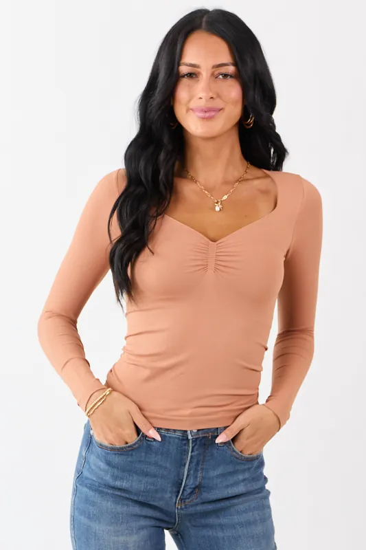 Copper Shirred Bust Fitted Long Sleeve Top - Nikibiki