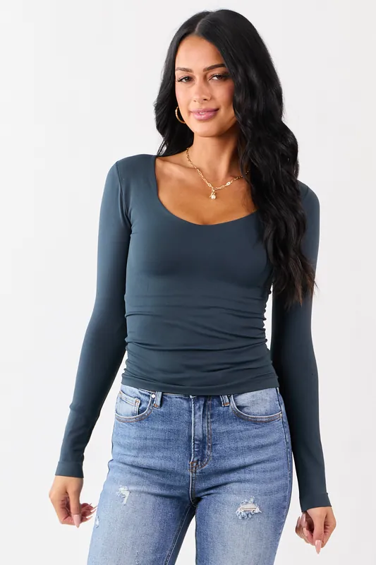 Dark Juniper Scoop Neck Fitted Long Sleeve Top - Nikibiki
