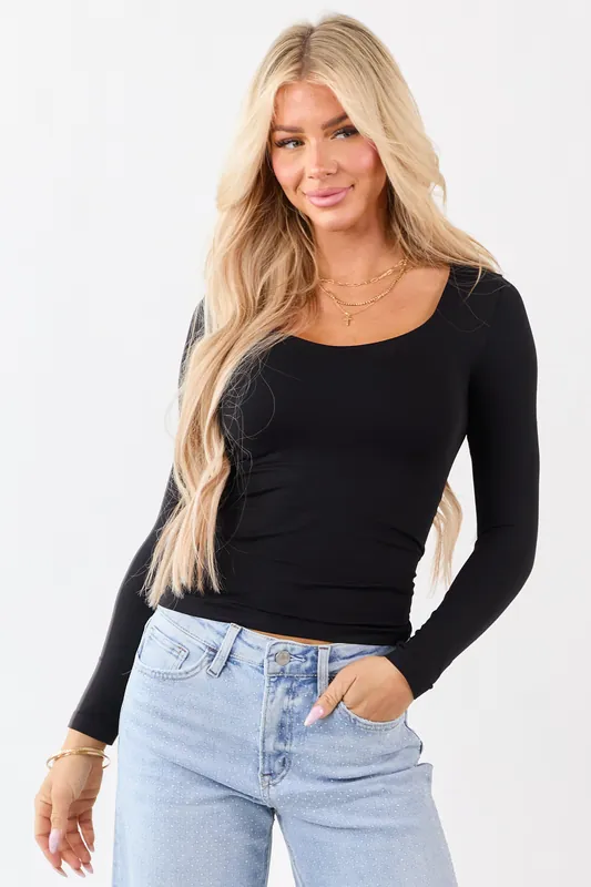 Black Scoop Neck Fitted Long Sleeve Top - Nikibiki