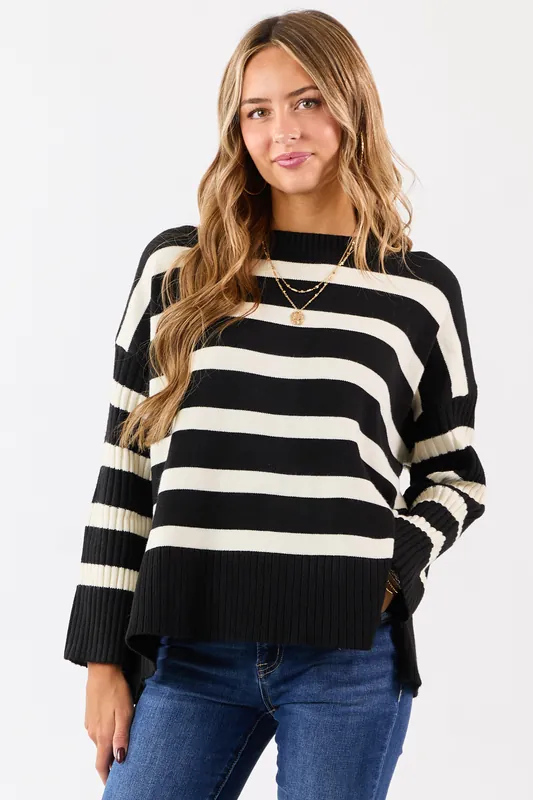 Black and Ivory Striped Ribbed Sleeve Sweater - Mittoshop