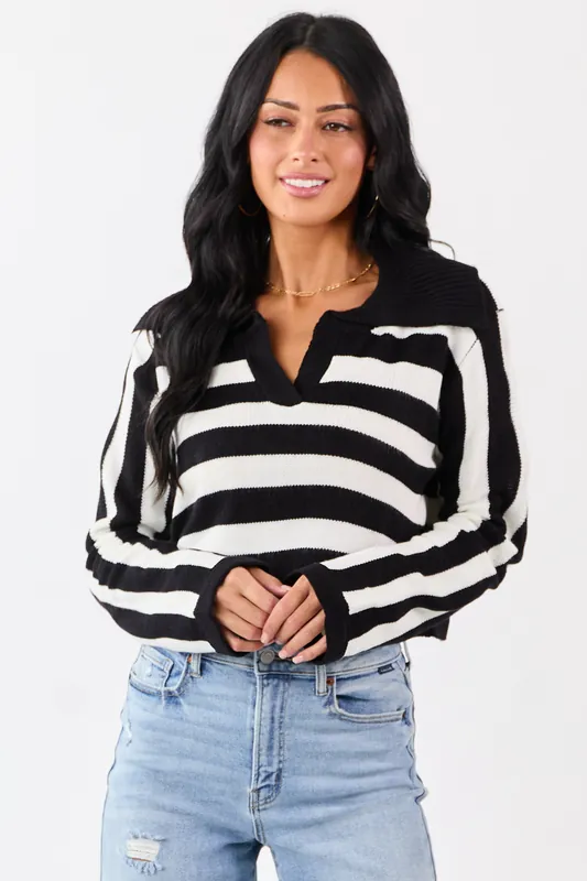 Black and Ivory Stripe Polo Style Cropped Sweater - Mittoshop