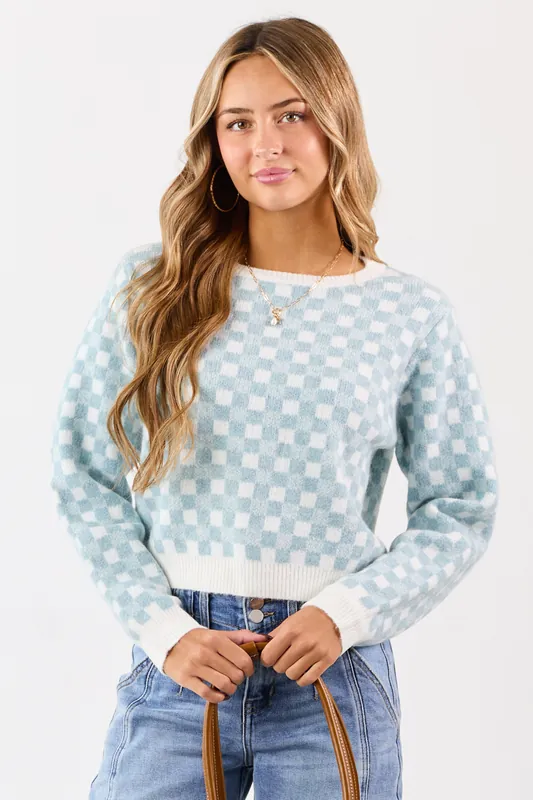 Baby Blue and Ivory Checkered Wool Blend Sweater - Mittoshop