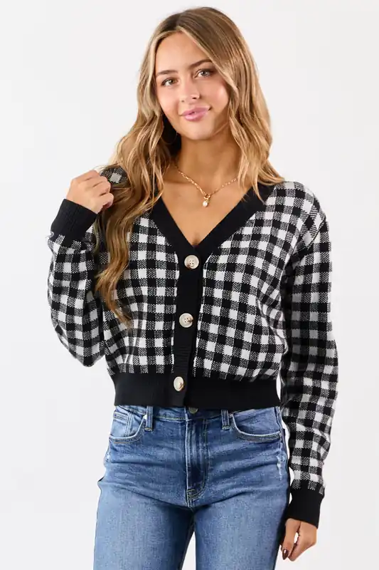 Black Checkered Button Down Cropped Cardigan - Mittoshop