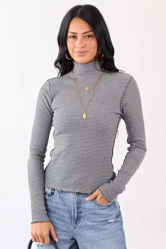 Graphite Striped Ribbed Knit Long Sleeve Mock Neck Top - Mittoshop