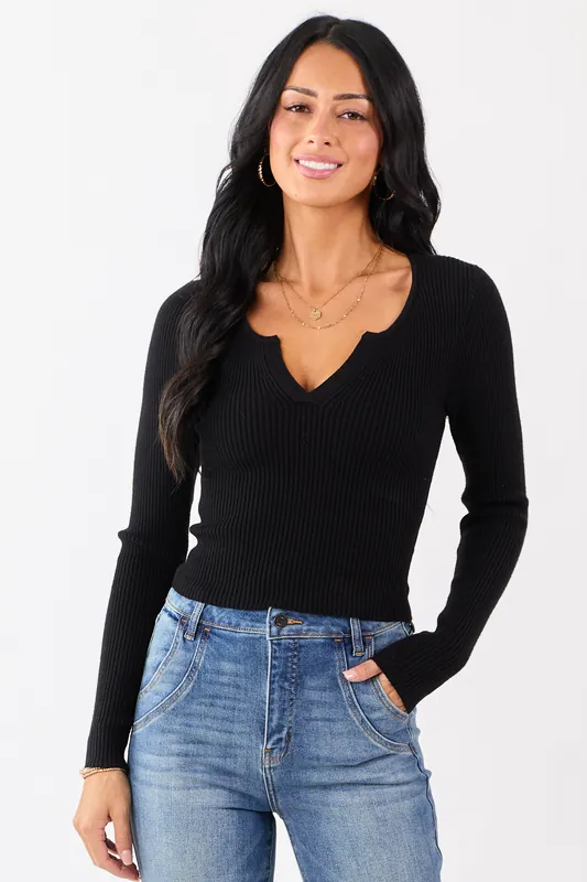 Black V Notch Rib Knit Fitted Cropped Sweater Top - Mittoshop