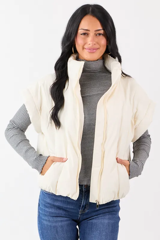 Vanilla Mock Neck Zip Up Quilted Puffer Vest - Privy