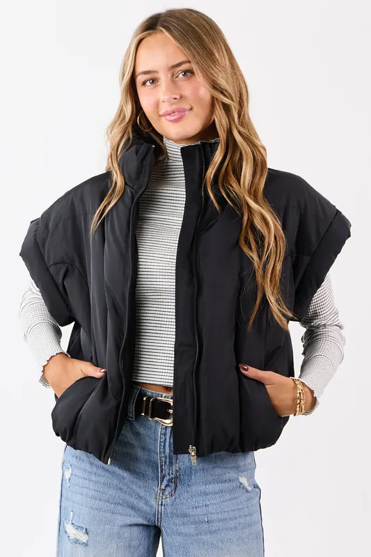 Black Mock Neck Zip Up Quilted Puffer Vest - Privy