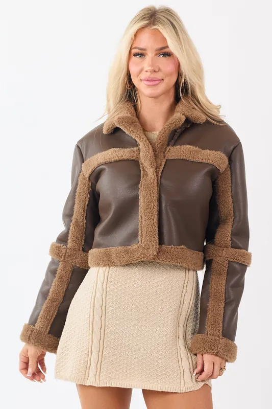 Walnut Faux Leather Contrast Sherpa Cropped Jacket - Privy