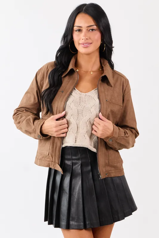 Coffee Collared Zip Up Faux Suede Jacket - Privy