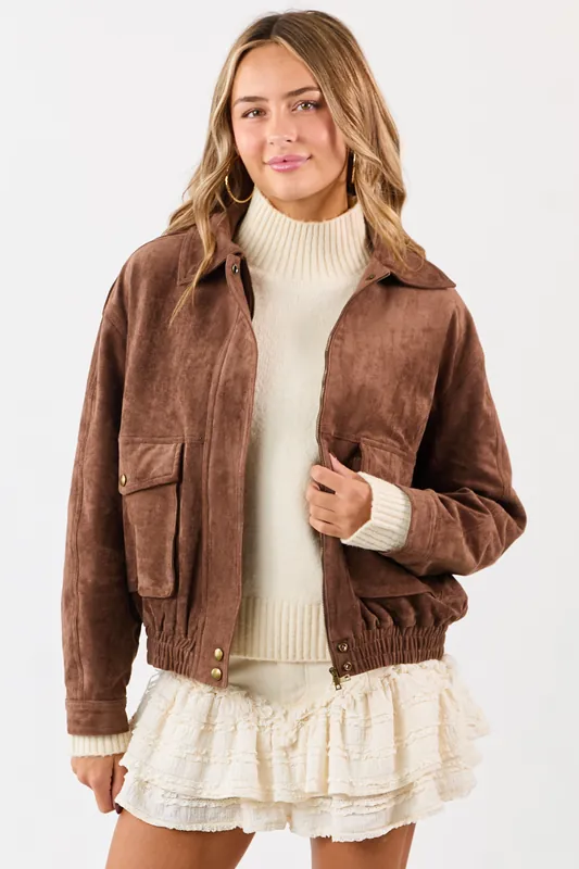 Coffee Faux Suede Bomber Style Zip Up Jacket - Privy