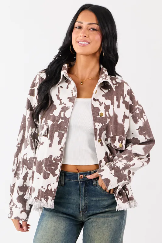 Cocoa Cow Print Denim Fringe Hem Button Down Shacket - Privy