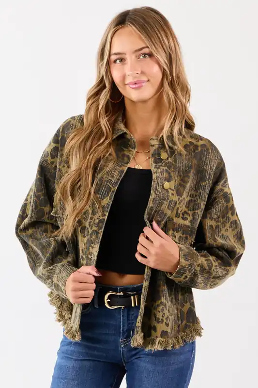 Peanut Leopard Print Fringe Hem Denim Shacket - Privy