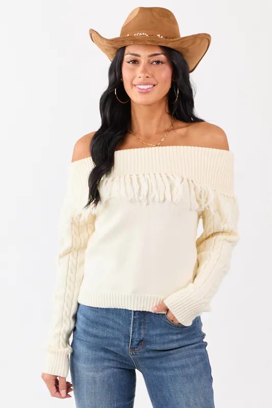 Cream Fold Over Fringe Neckline Off Shoulder Sweater - ACOA