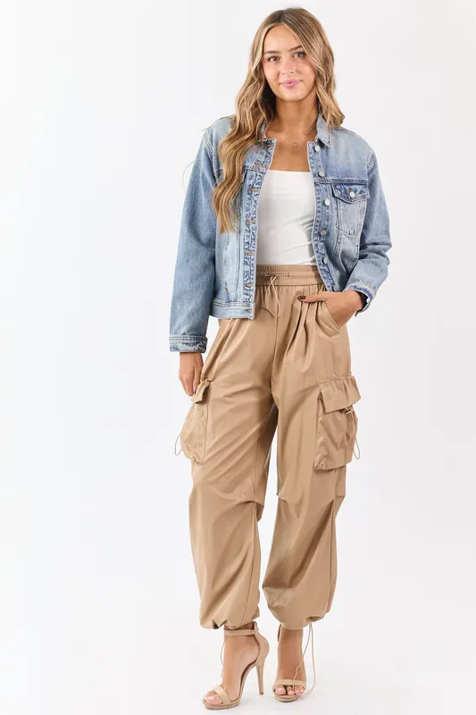 Beige Faux Leather Elastic Waist Cargo Pants - Balboa Fashion