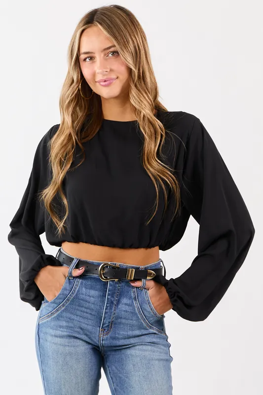 Black Long Puff Sleeve Bubble Hem Crop Top - Balboa Fashion