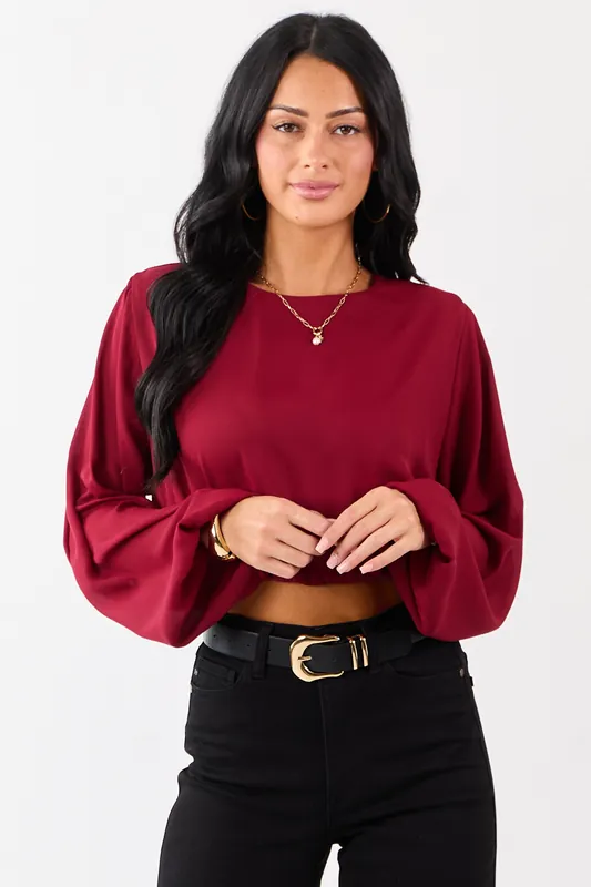 Cherry Long Puff Sleeve Bubble Hem Crop Top - Balboa Fashion