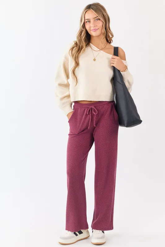 Maroon Wavy Ribbed Elastic Waist Drawstring Pants - Wasabi+Mint