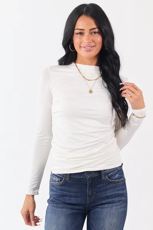 Cream Ruched High Neck Double Layer Top - Wasabi+Mint
