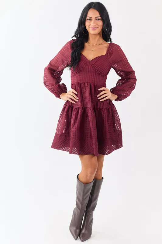 Maroon Grid Pattern Sweetheart Neck Mini Dress - Mittoshop